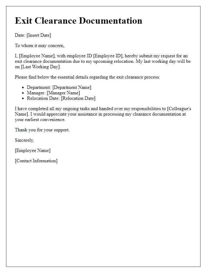 Letter template of exit clearance documentation for relocation.