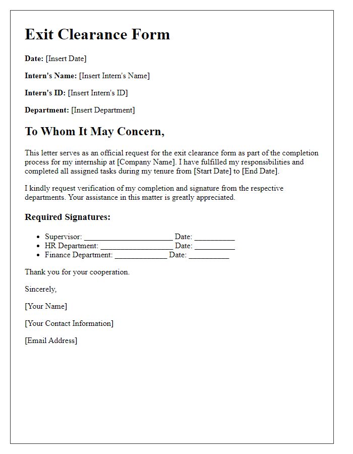 Letter template of exit clearance form for internship completion.