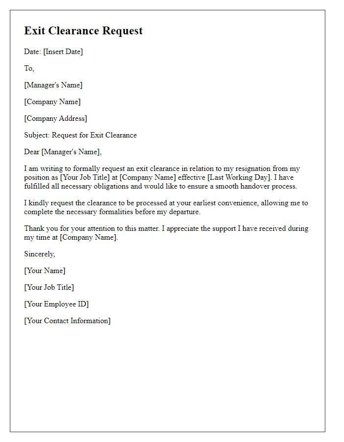 Letter template of exit clearance request for employee resignation.