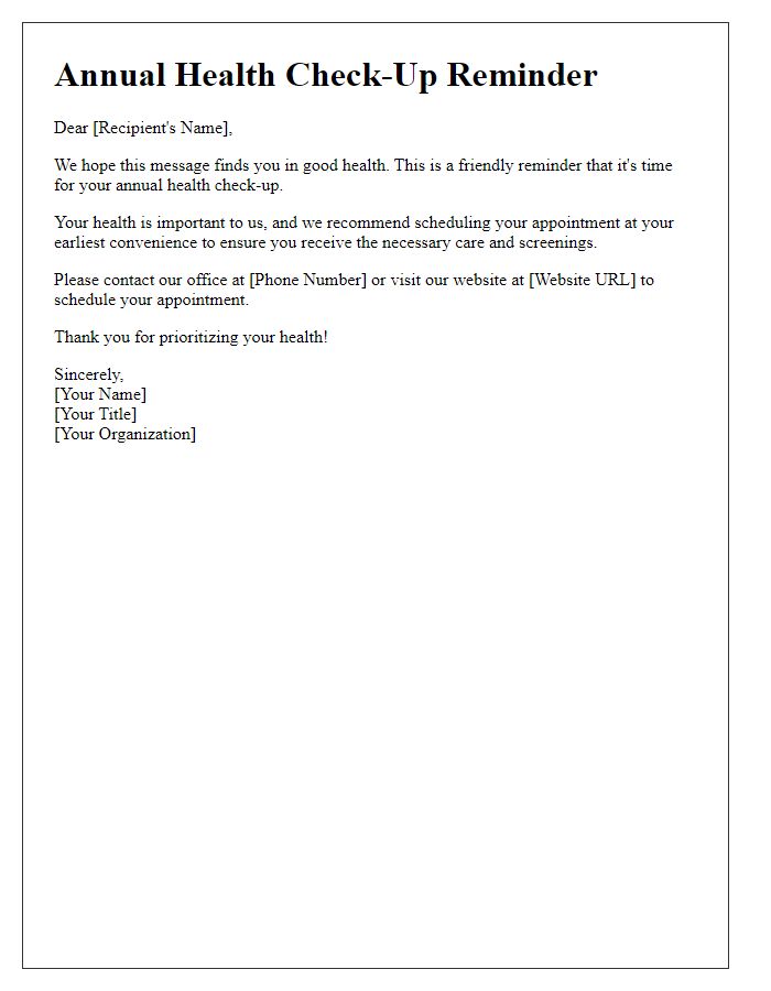 Letter template of Annual Health Check-Up Reminder