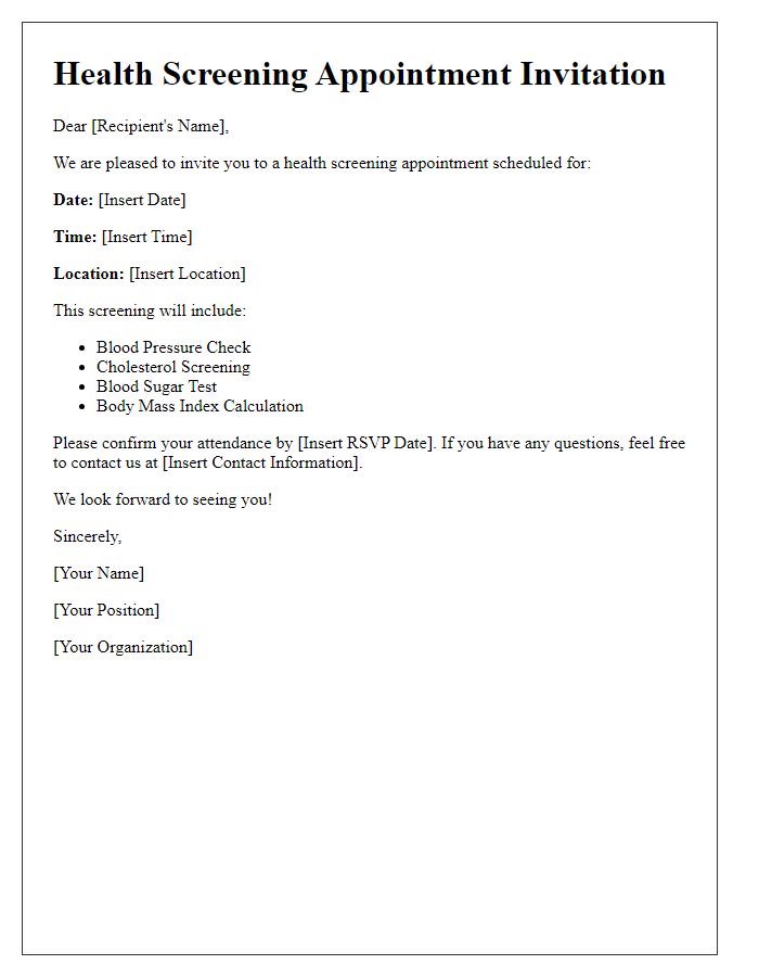 Letter template of Health Screening Appointment Invitation