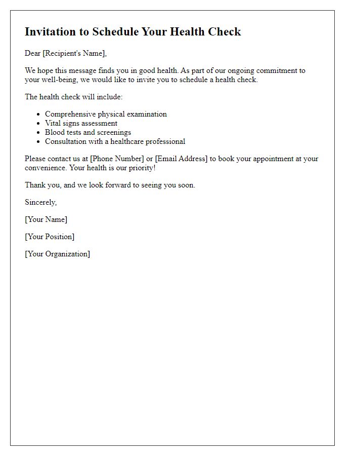 Letter template of Invitation to Schedule Health Check