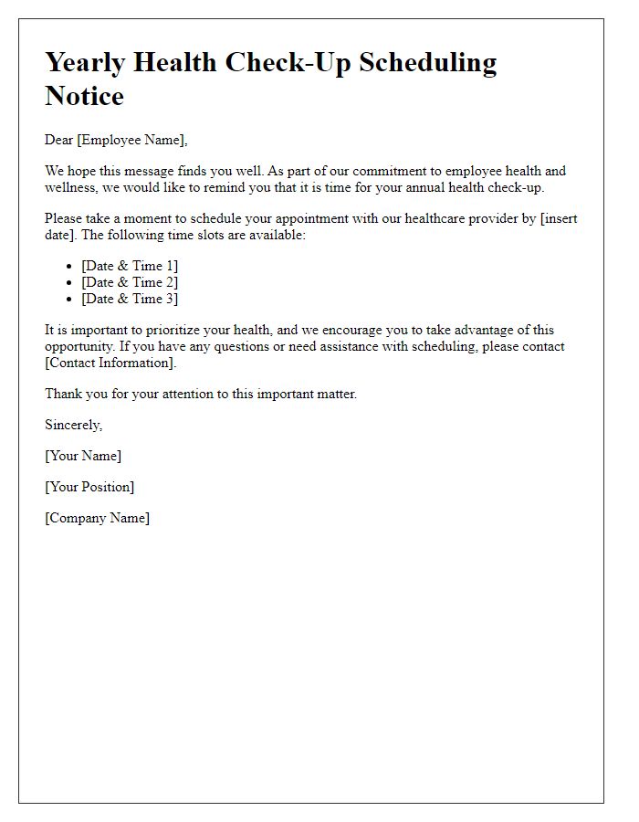 Letter template of Yearly Health Check-Up Scheduling Notice