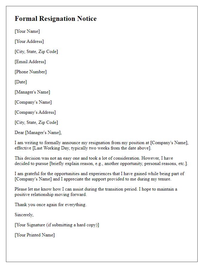 Letter template of formal resignation notice