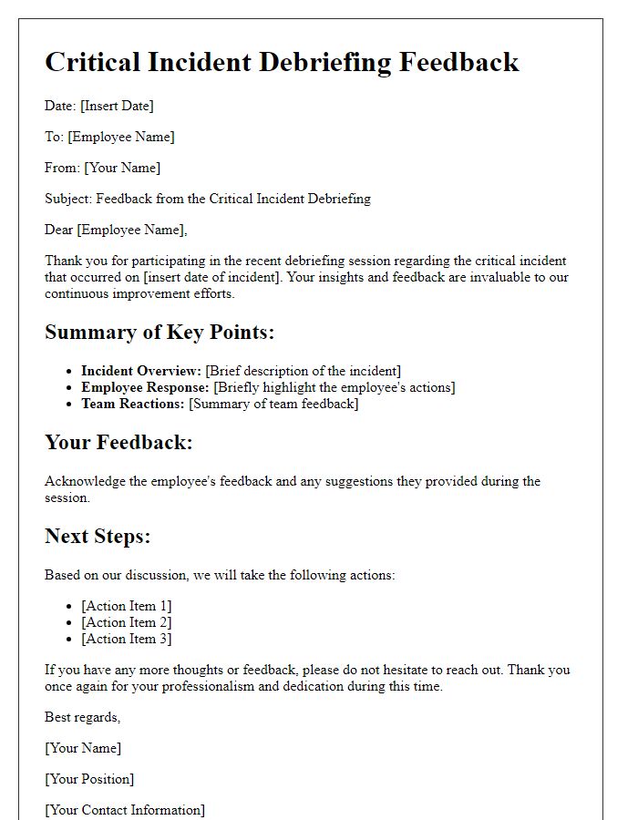 Letter template of critical incident debriefing for employee feedback