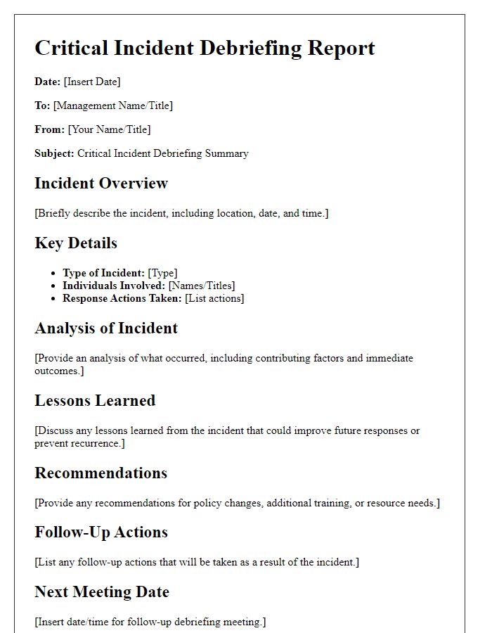 Letter template of critical incident debriefing for management review