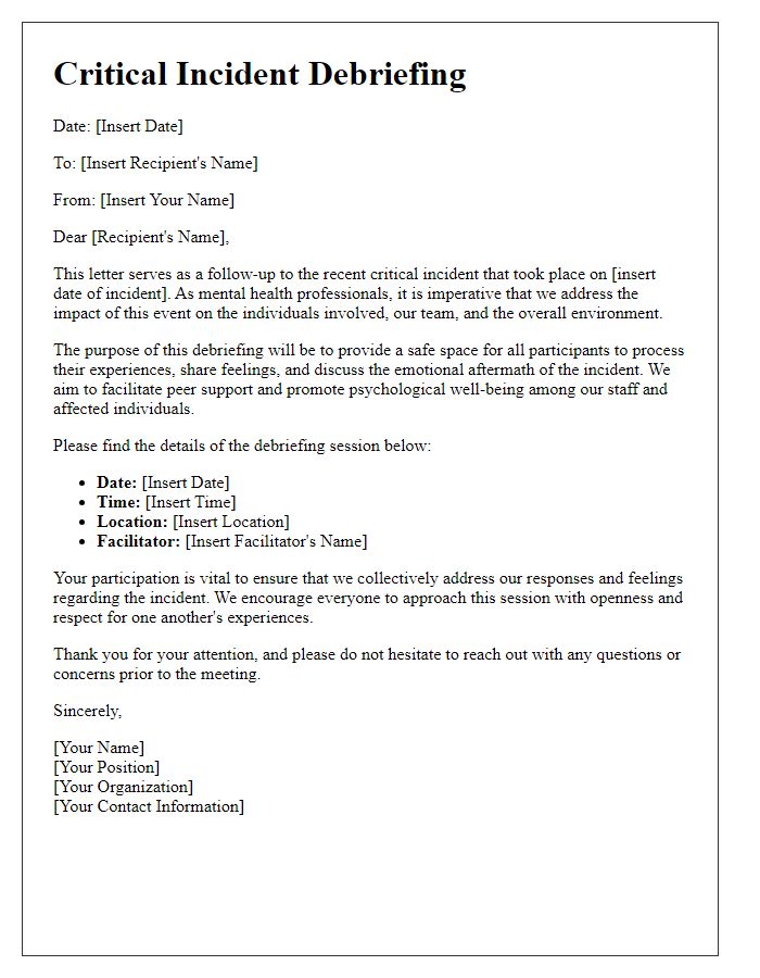 Letter template of critical incident debriefing for mental health professionals