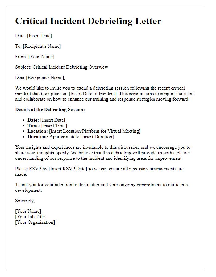 Letter template of critical incident debriefing for organizational training