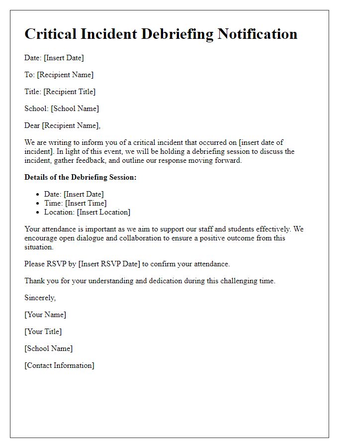 Letter template of critical incident debriefing for school administrators