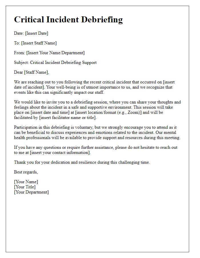 Letter template of critical incident debriefing for staff support