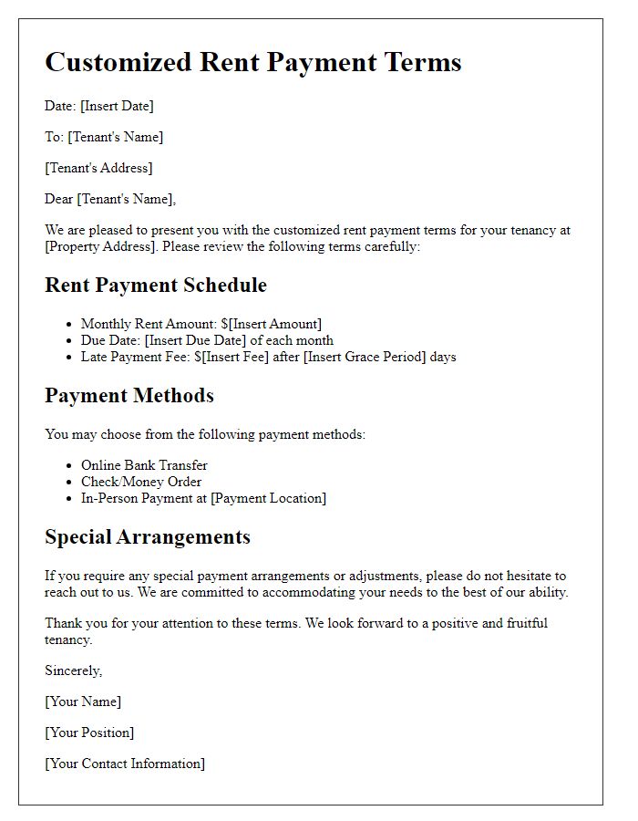 Letter template of Customized Rent Payment Terms for Tenants