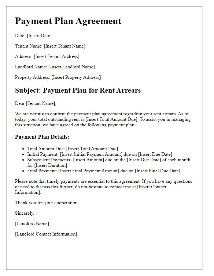 Letter template of Payment Plan for Rent Arrears for Tenants