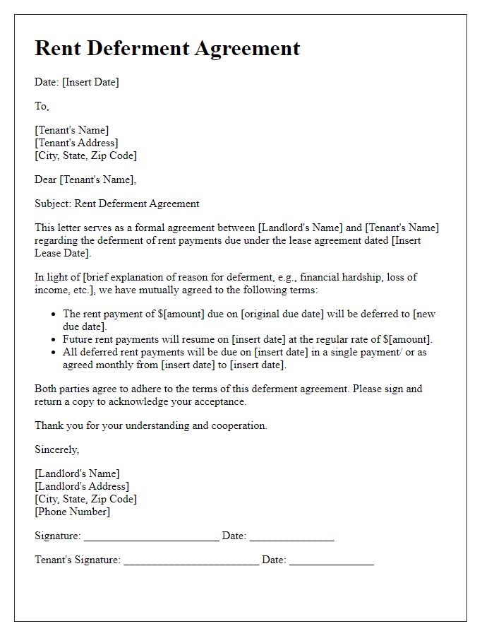 Letter template of Rent Deferment Agreement for Tenants