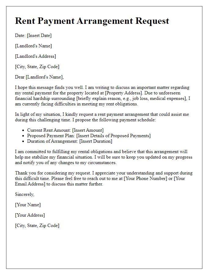 Letter template of Rent Payment Arrangement for Tenants Facing Financial Hardship