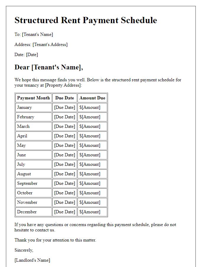 Letter template of Structured Rent Payment Schedule for Tenants