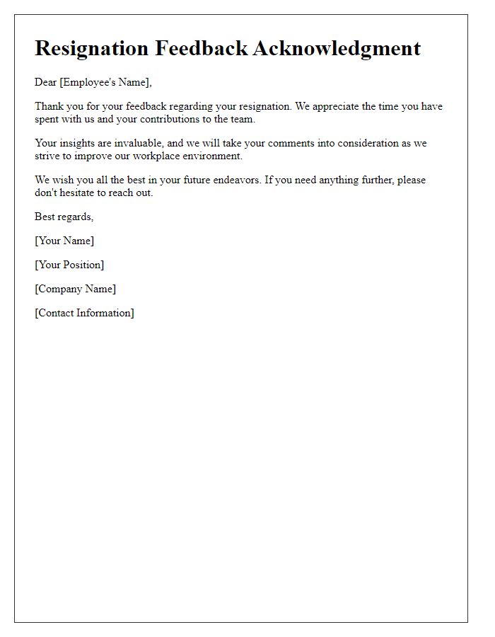 Letter template of resignation feedback acknowledgment