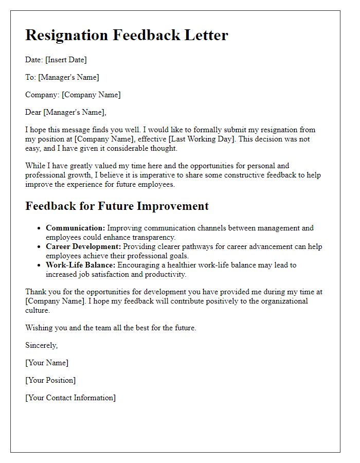 Letter template of resignation feedback for future improvement