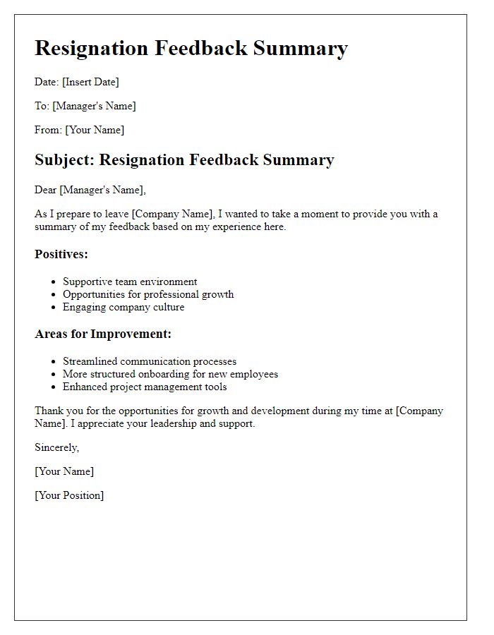 Letter template of resignation feedback summary