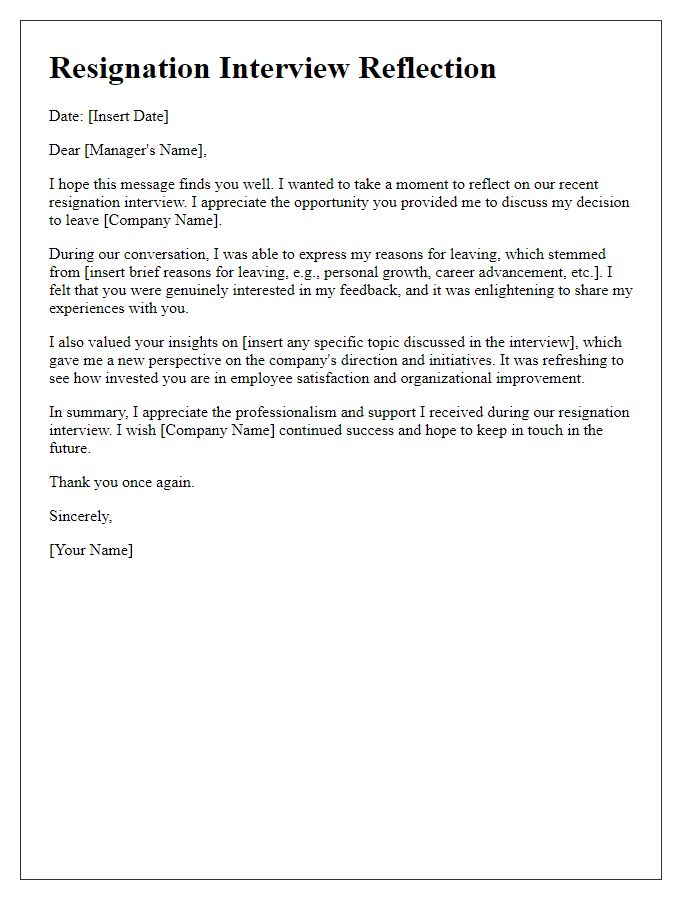 Letter template of resignation interview reflection