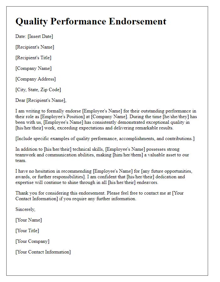 Letter template of quality performance endorsement