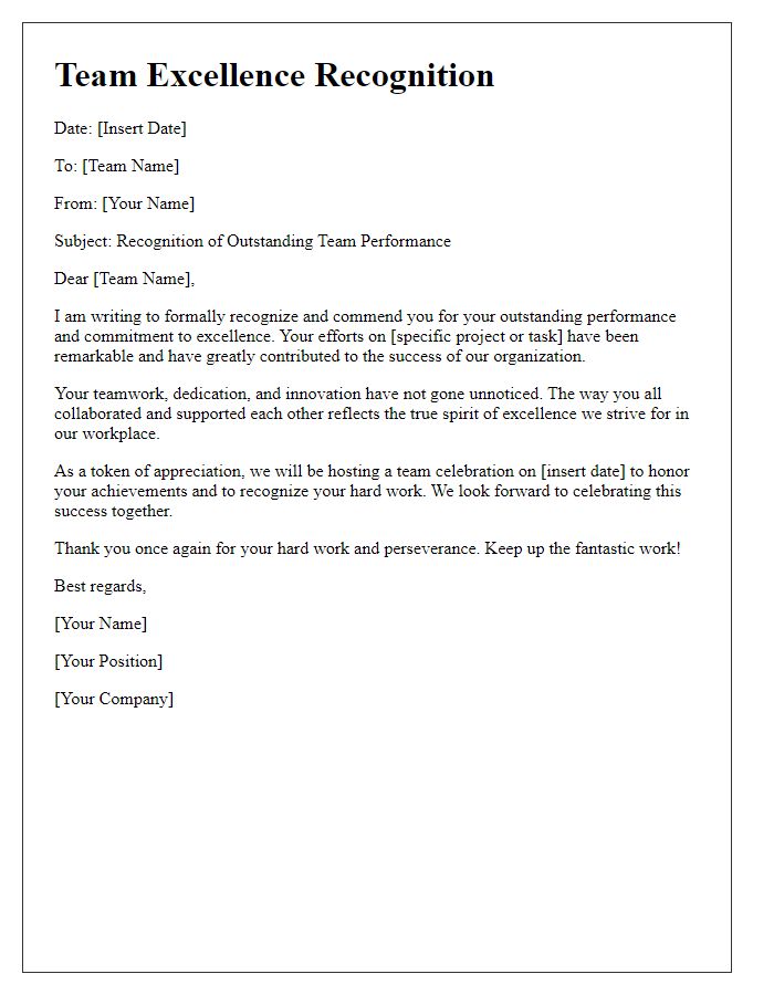 Letter template of team excellence recognition