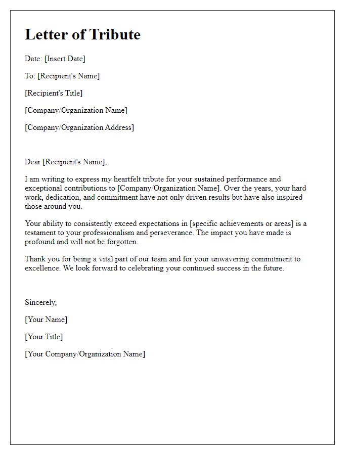 Letter template of tribute for sustained performance