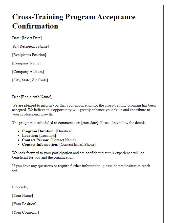 Letter template of confirmation for cross-training program acceptance