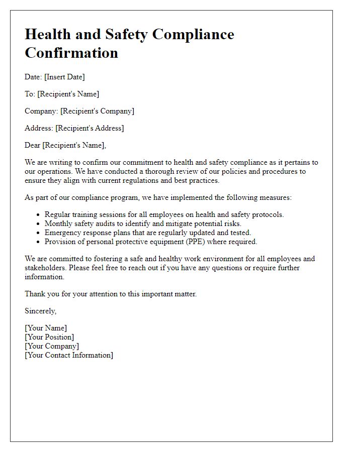 Letter template of health and safety compliance