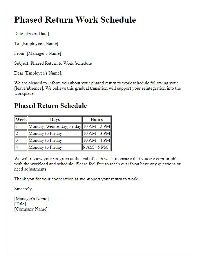 Letter template of phased return work schedule