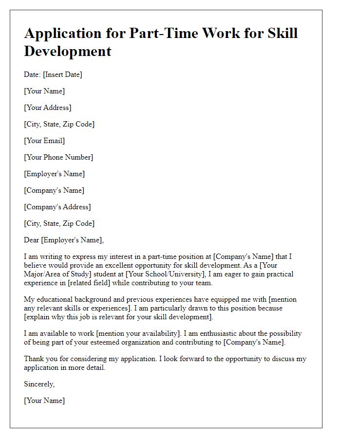 Letter template of part-time work application for skill development