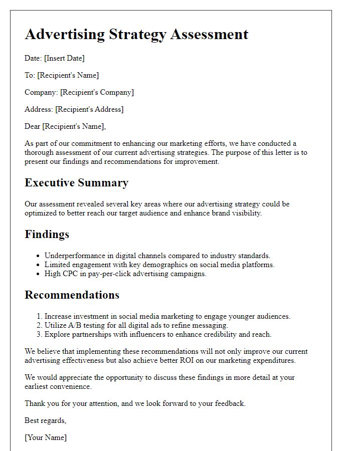 Letter template of advertising strategy assessment