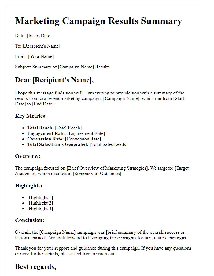 Letter template of marketing campaign results summary