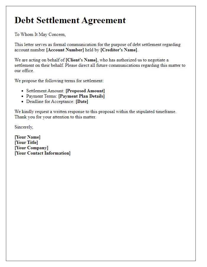 Letter template of debt settlement communication for third-party representation