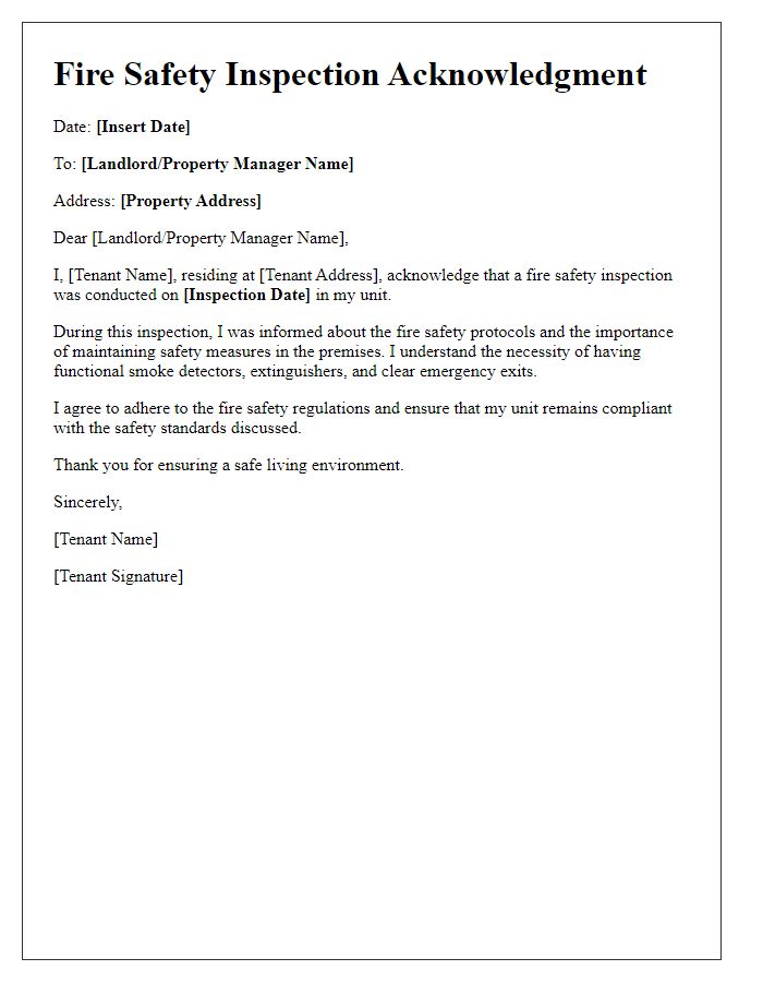 Letter template of tenant fire safety inspection acknowledgment