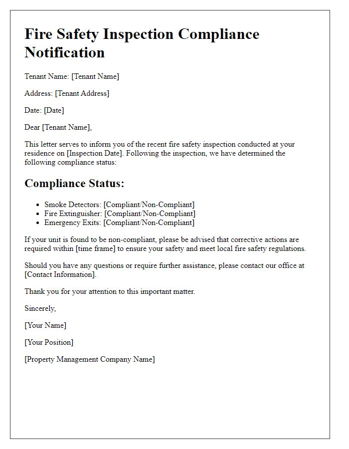 Letter template of tenant fire safety inspection compliance