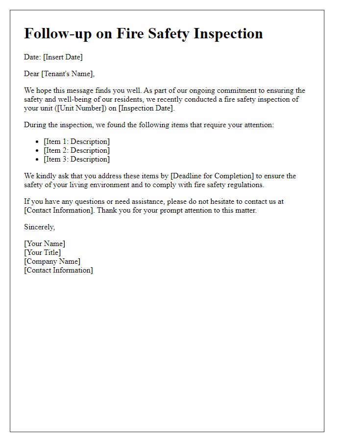 Letter template of tenant fire safety inspection follow-up