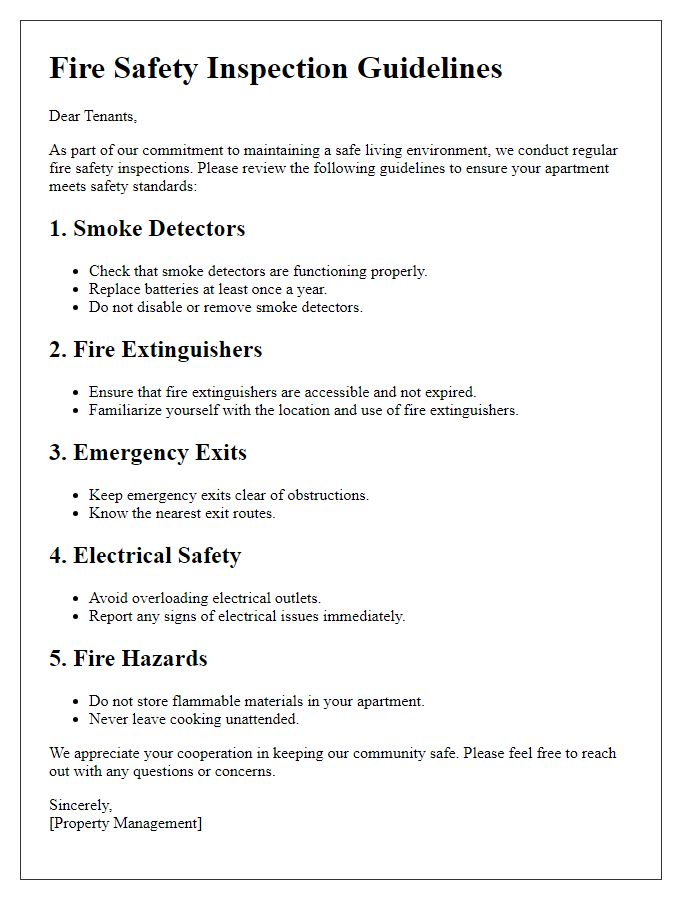 Letter template of tenant fire safety inspection guidelines