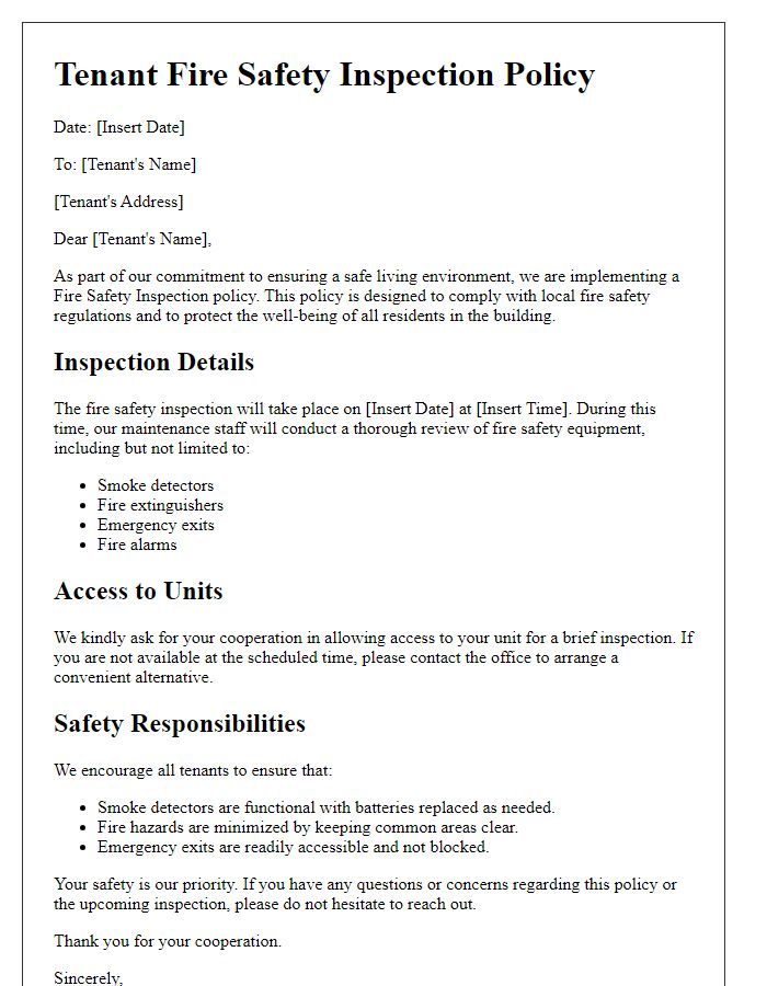 Letter template of tenant fire safety inspection policy