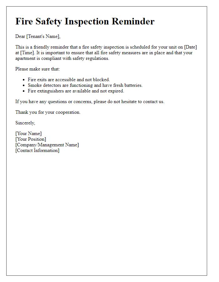 Letter template of tenant fire safety inspection reminder