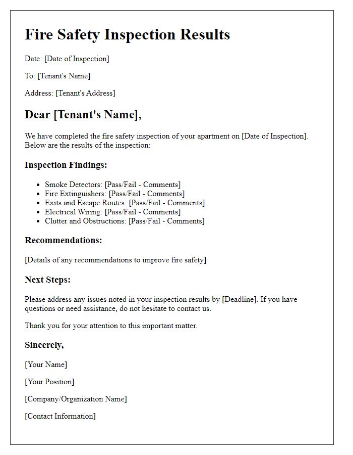 Letter template of tenant fire safety inspection results