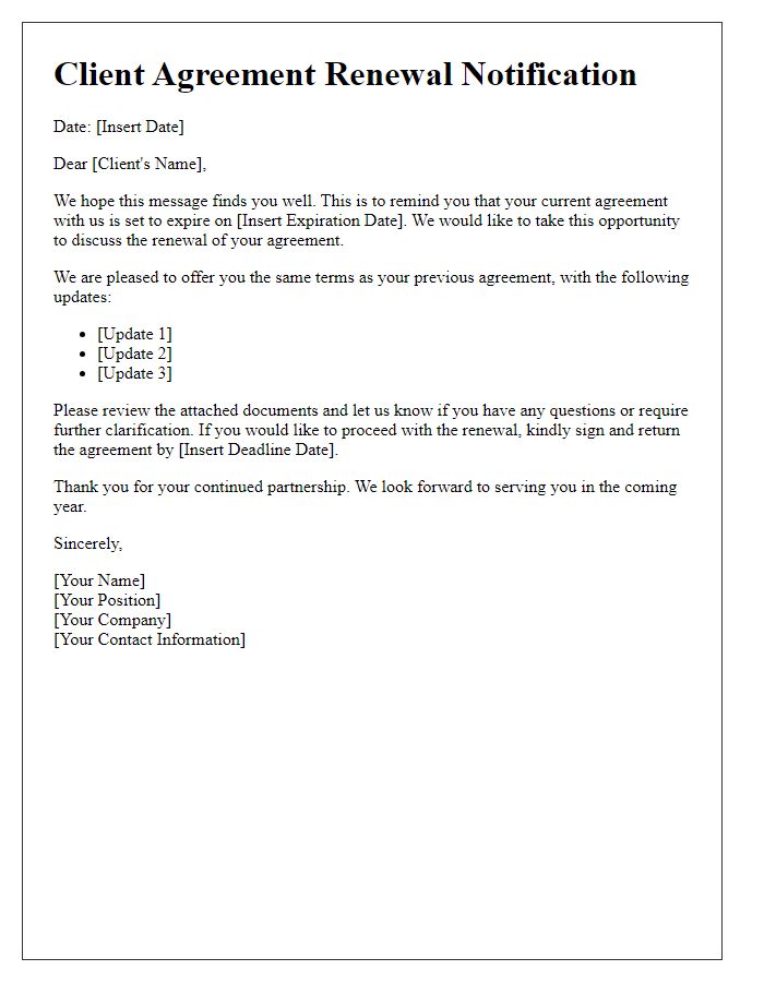 Letter template of client agreement renewal notification