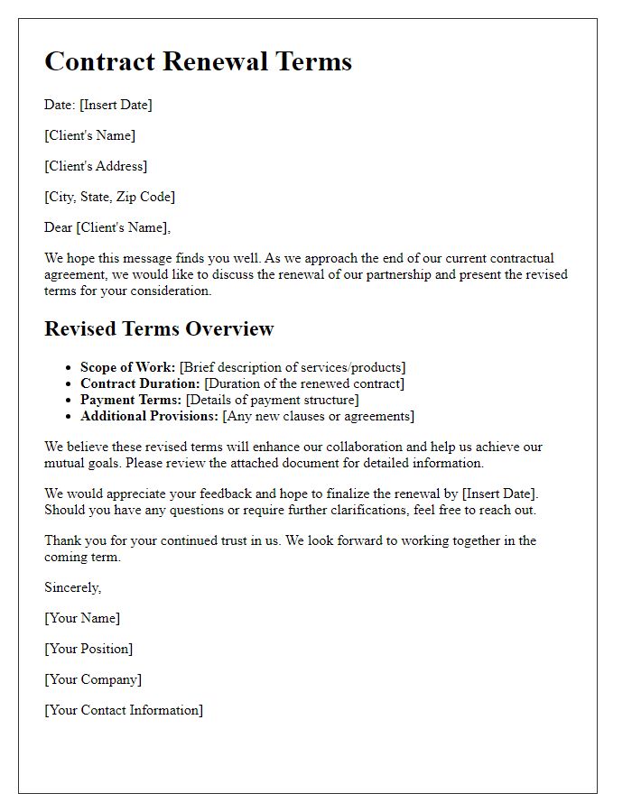 Letter template of revised terms for client contract renewal