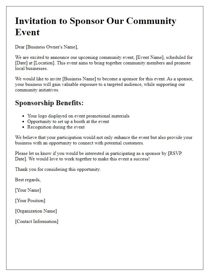 Letter template of community event sponsorship invitation for small businesses.