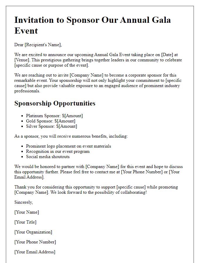 Letter template of corporate sponsorship invitation for a gala event.