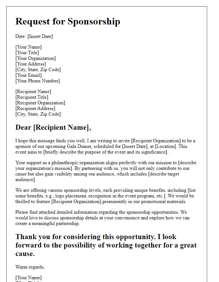 Letter template of gala dinner sponsorship request for philanthropic organizations.