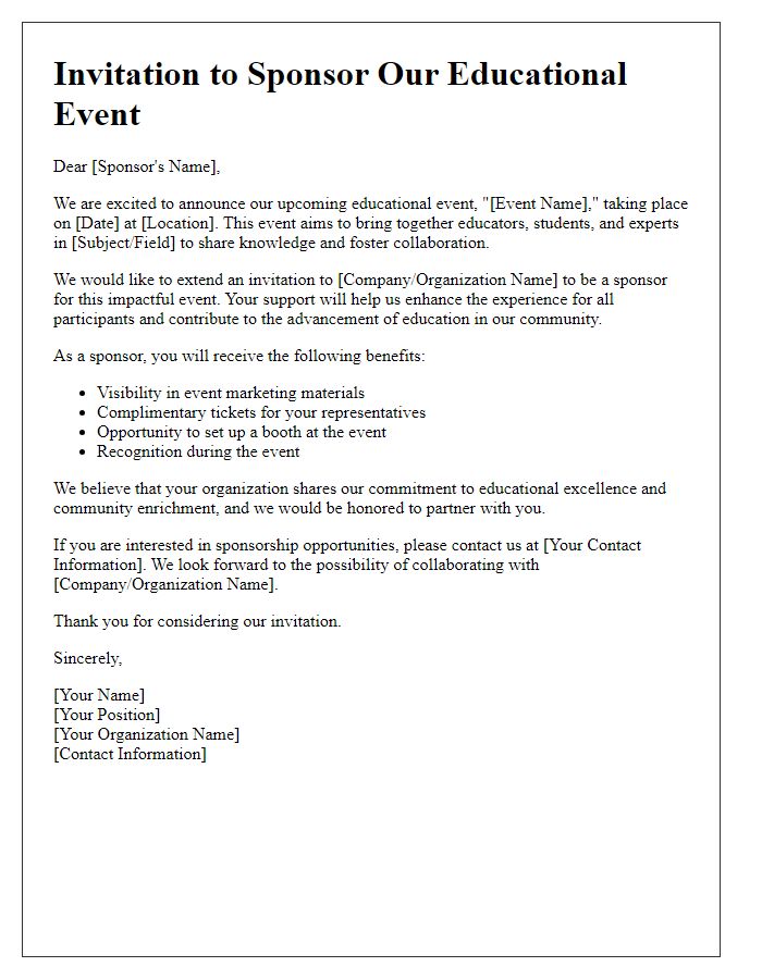 Letter template of invitation for educational event sponsorship.