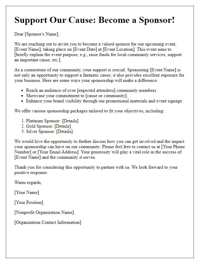 Letter template of nonprofit event sponsorship appeal.