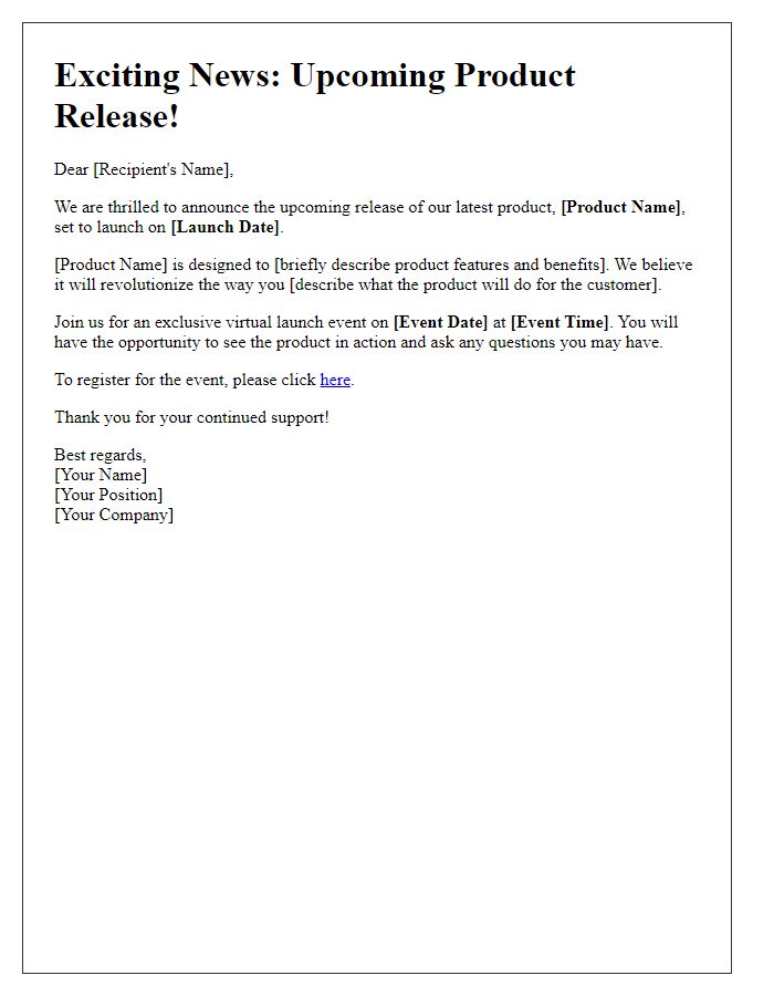 Letter template of upcoming product release