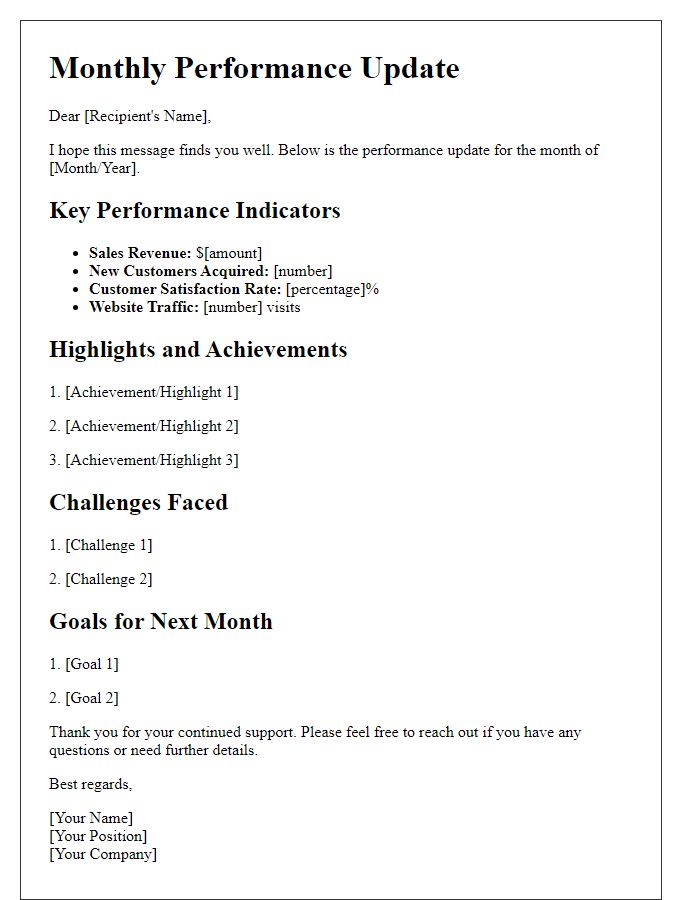 Letter template of monthly performance update