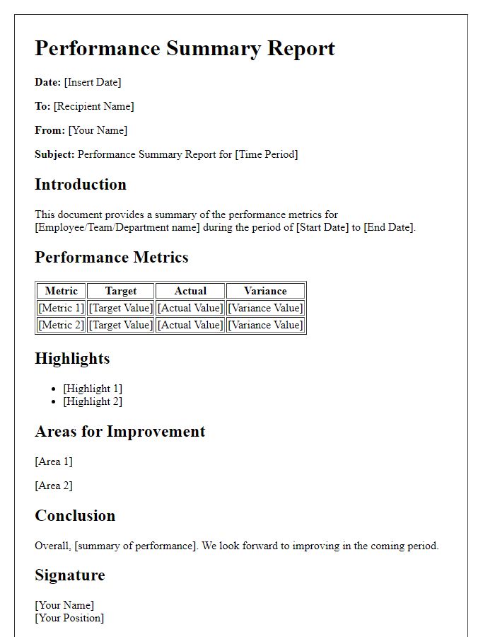 Letter template of performance summary report